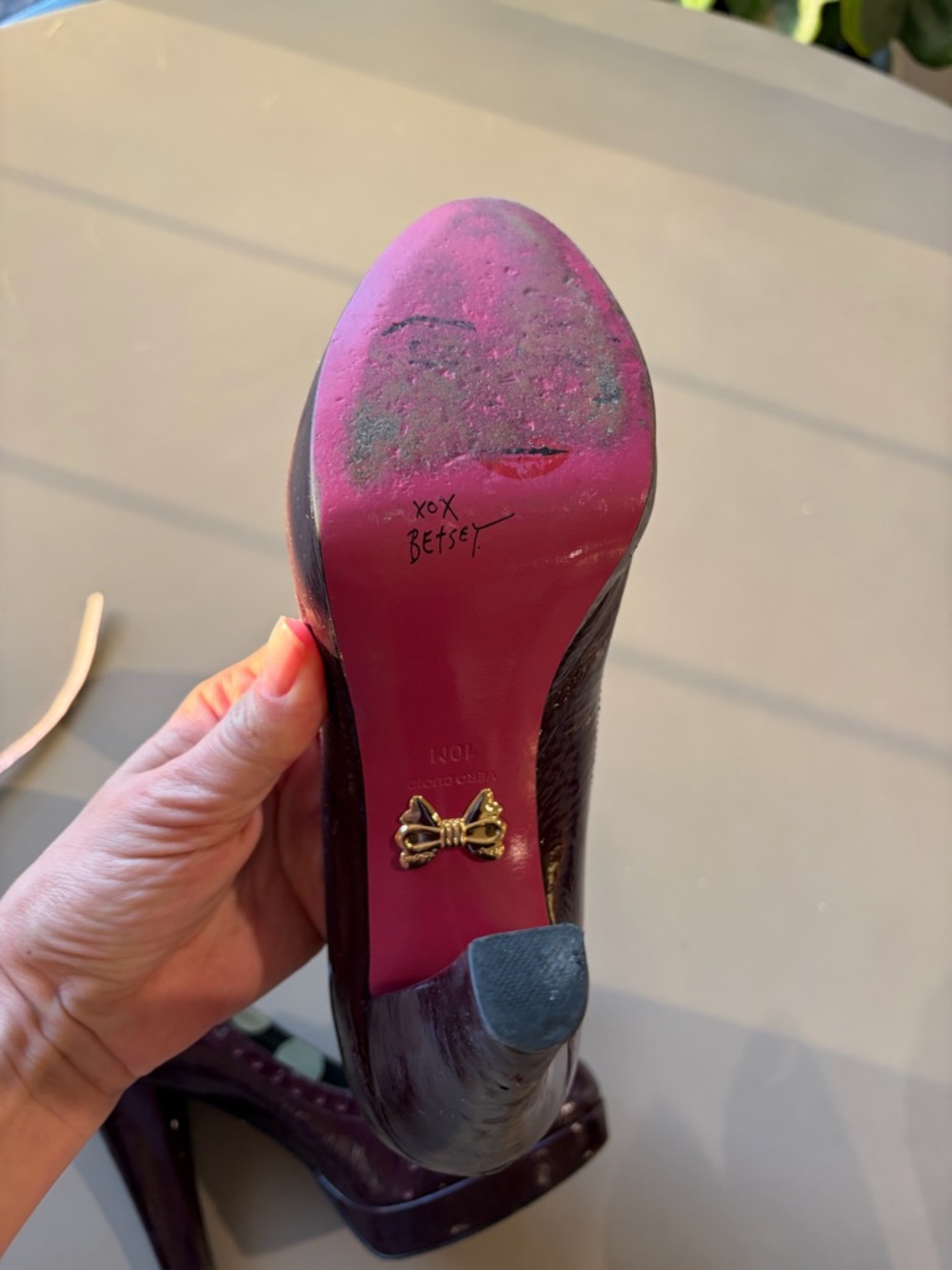 Betsey Johnson Plum Patent Bow Pumps with Gold Bead Detail - Picture 7 of 8